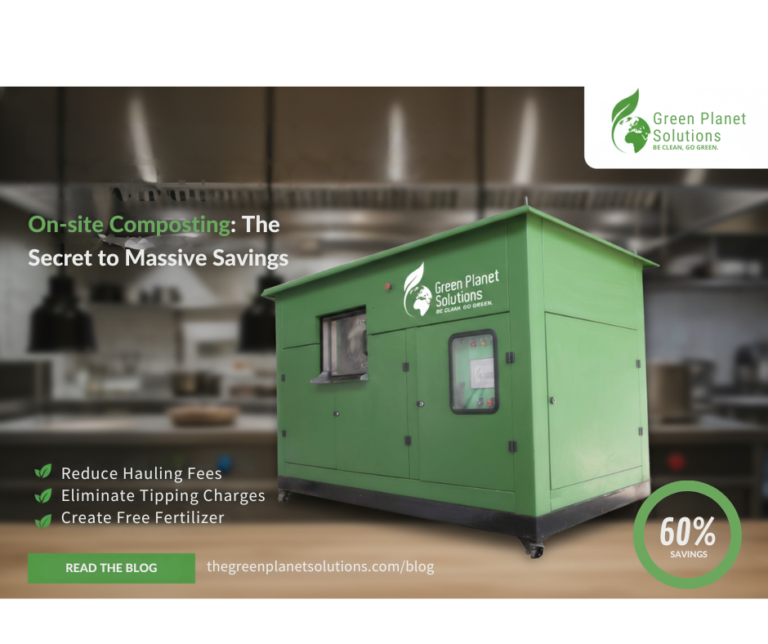 A professional chef standing next to a Green Planet Solutions composting machine in a clean restaurant kitchen.
