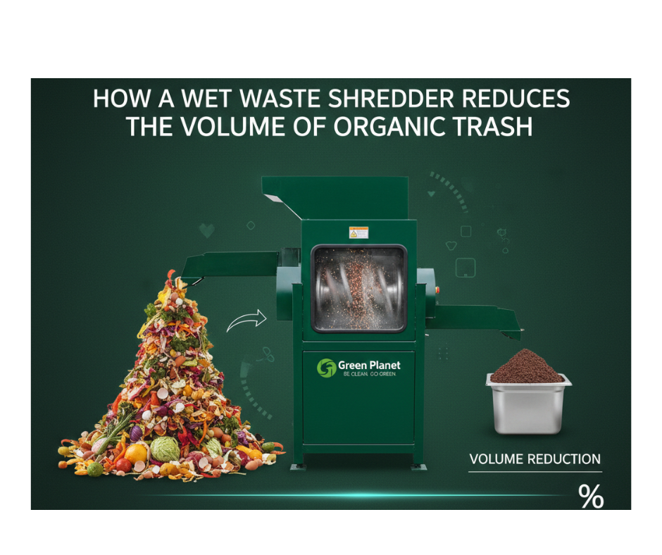 A heavy-duty green wet waste shredder machine by Green Planet Solutions showing finely shredded organic waste.