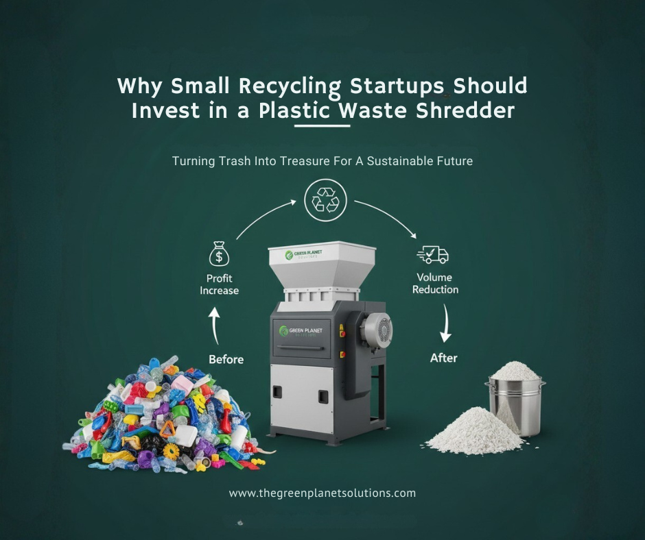 A small-scale industrial Plastic Waste Shredder processing colorful plastic scraps into recyclable flakes.