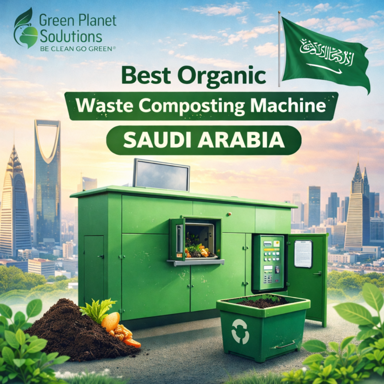 A modern, fully automatic organic waste composting machine by Green Planet Solutions installed in a sustainable Saudi Arabian city setting.