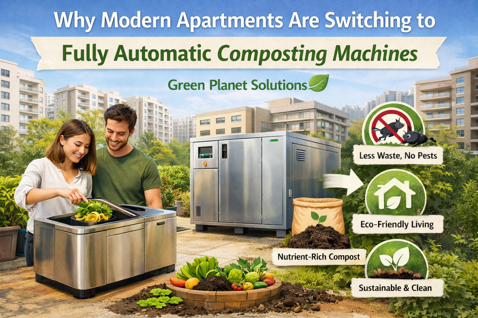Residents of a modern apartment using a Fully Automatic Composting Machine for food waste.