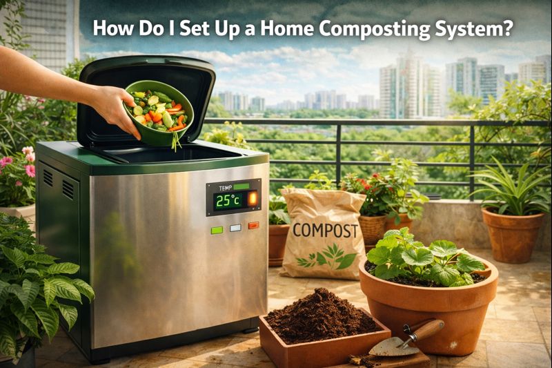 Home composting system using an organic waste composting machine for kitchen waste