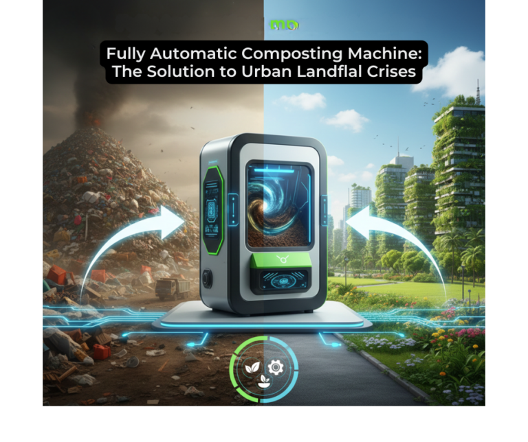 A side-by-side comparison showing a dirty landfill mountain on one side and a clean, green city park with a Fully Automatic Composting Machine on the other.