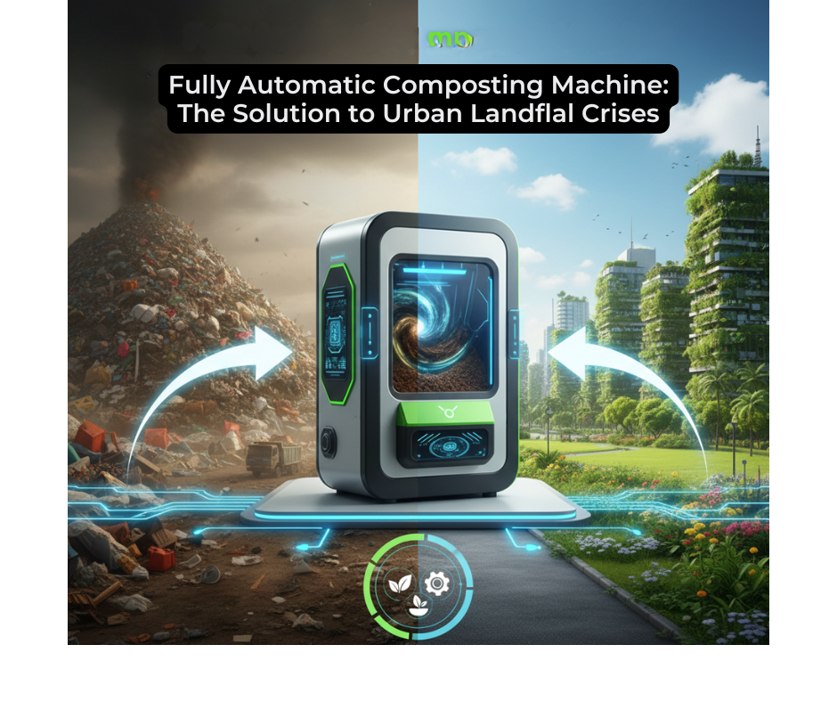 A side-by-side comparison showing a dirty landfill mountain on one side and a clean, green city park with a Fully Automatic Composting Machine on the other.